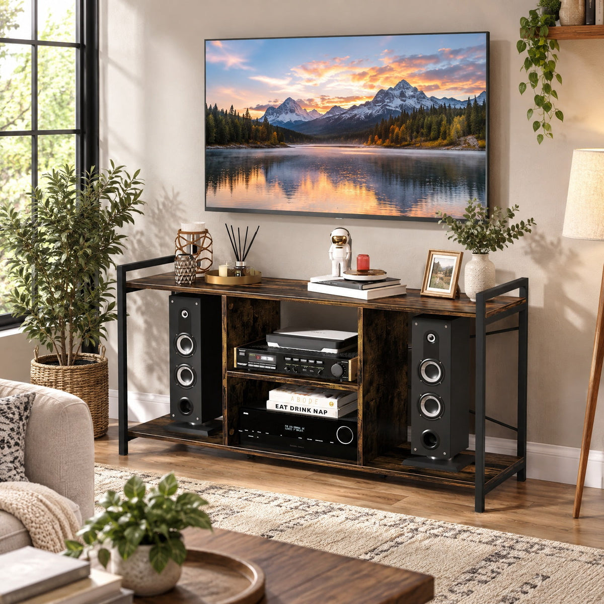 Airfind TV Stand for 55 Inch TVs Industrial Entertainment Center, 200 lbs Capacity, Engineered Wood Metal Frame, 47 x 14 x 24 Footprint, Brown