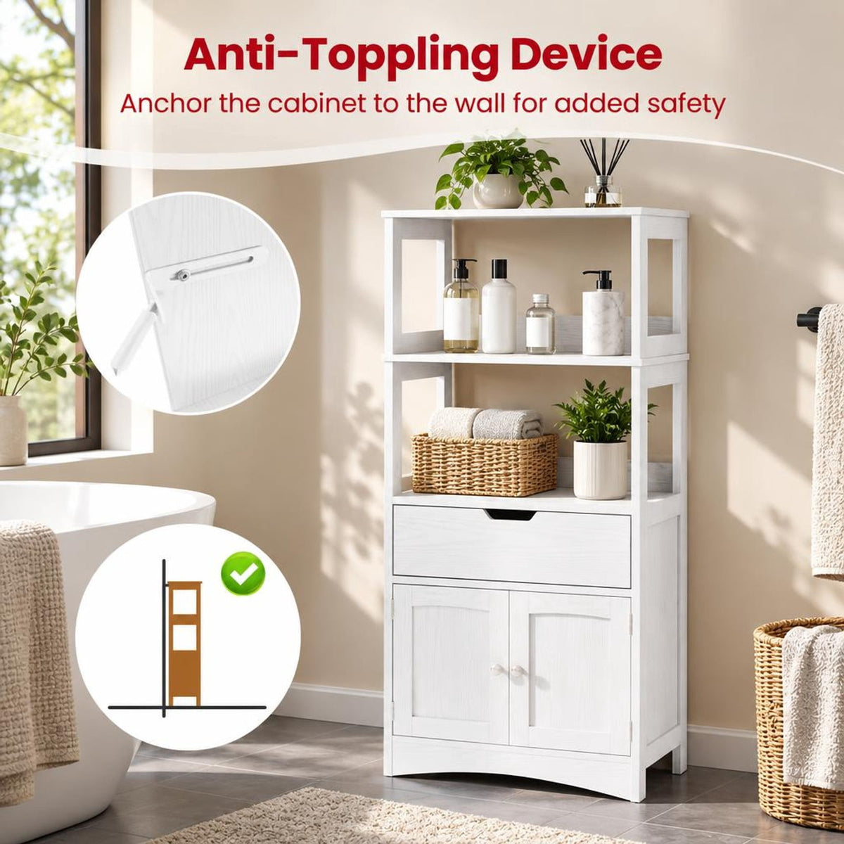 Airfind Bathroom Storage Cabinet with Drawer and Shelf Floor Cabinet, 20 lbs Capacity, MDF PB Frame, White