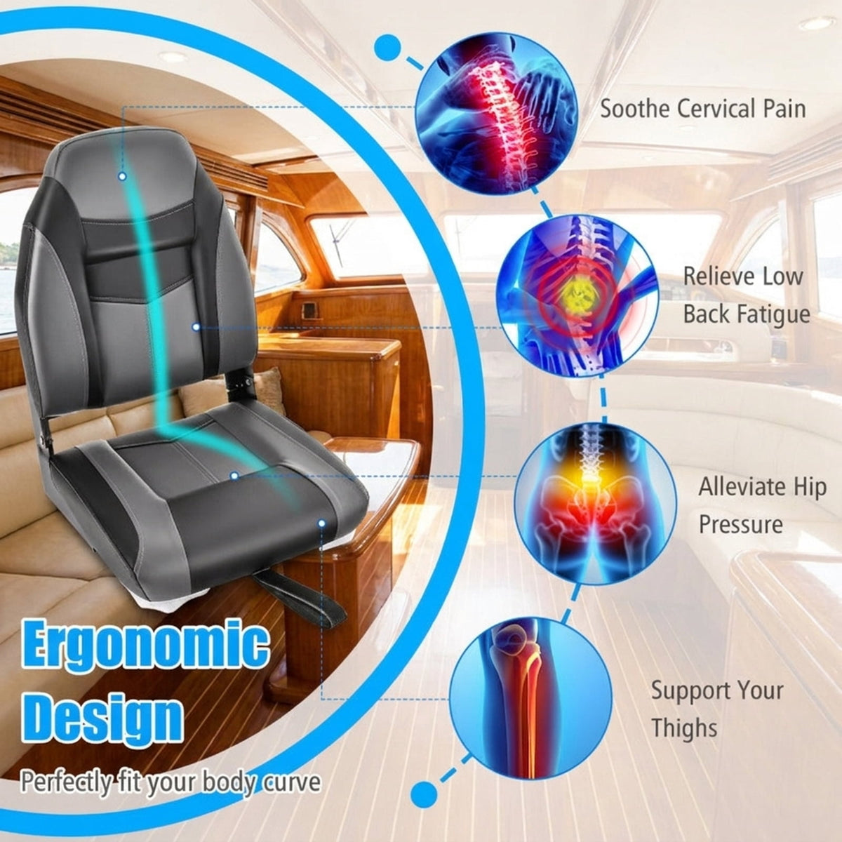 Airfind High-Back Folding Boat Seat with Thick Cushioned Padding and Waterproof Vinyl and Aluminum Hinges and Universal Mount Bracket for Fishing Pontoon and Runabout, Black