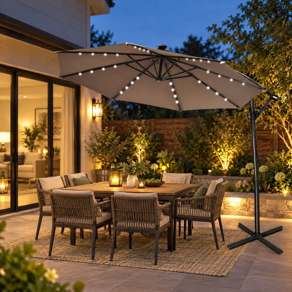 Airfind 10 ft 360° Rotation Solar Powered LED Patio Offset Umbrella without Weight Base, Steel aluminum polyester fabric Frame, 10 x 7.5 Footprint