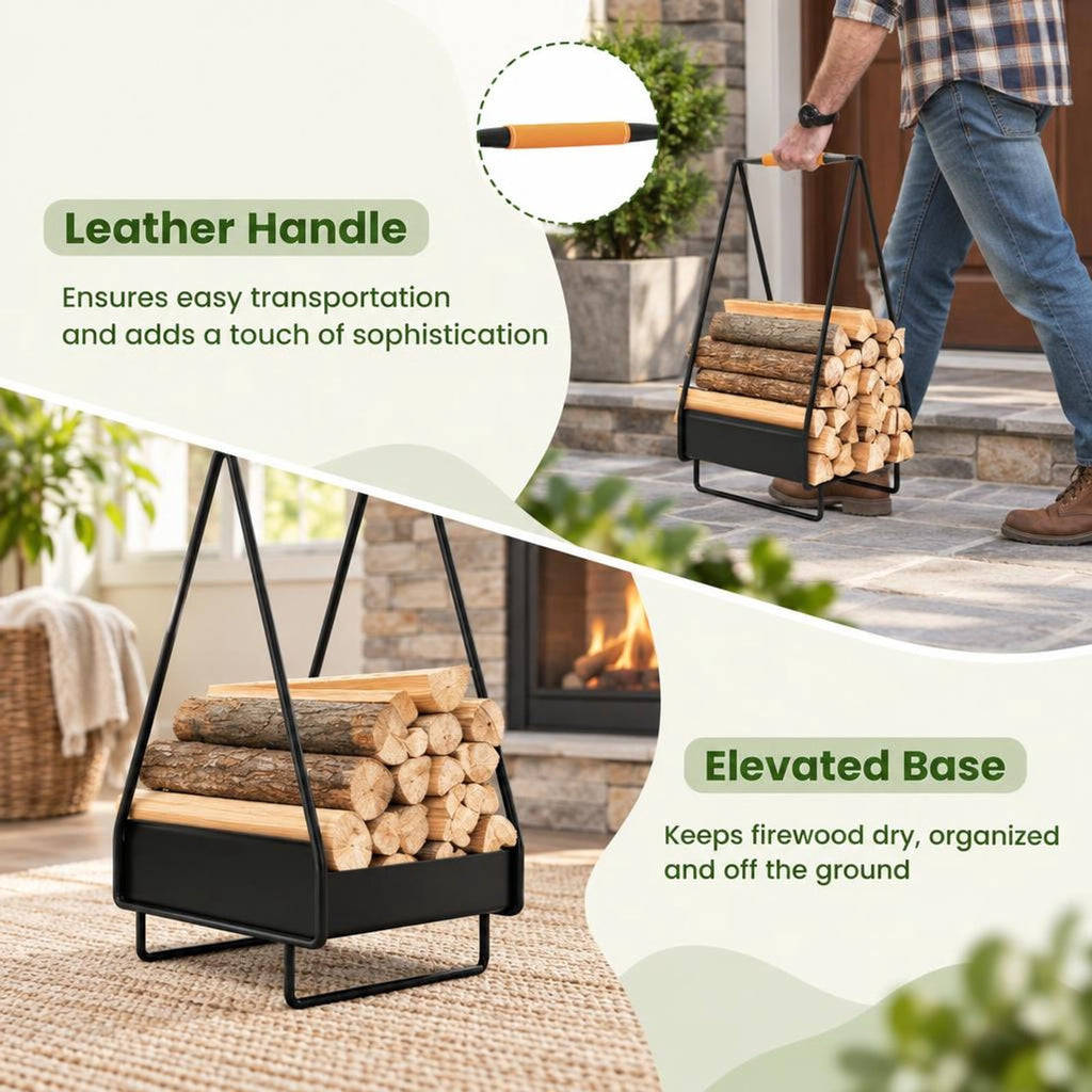 Airfind Firewood Storage Rack Heavy, 55 lbs Capacity, Metal Leather Frame, 12 Inch x 12 Inch x 24 Inch Footprint, Black