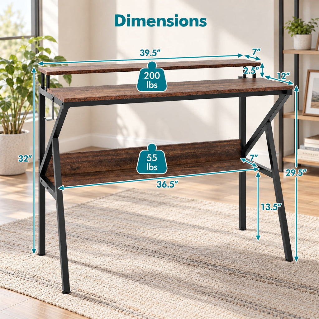 Airfind Space Saving Computer Desk with Monitor Stand and Extra Storage Shelf for Work Study, 200 lbs Capacity, Engineered Wood Metal Frame, Brown