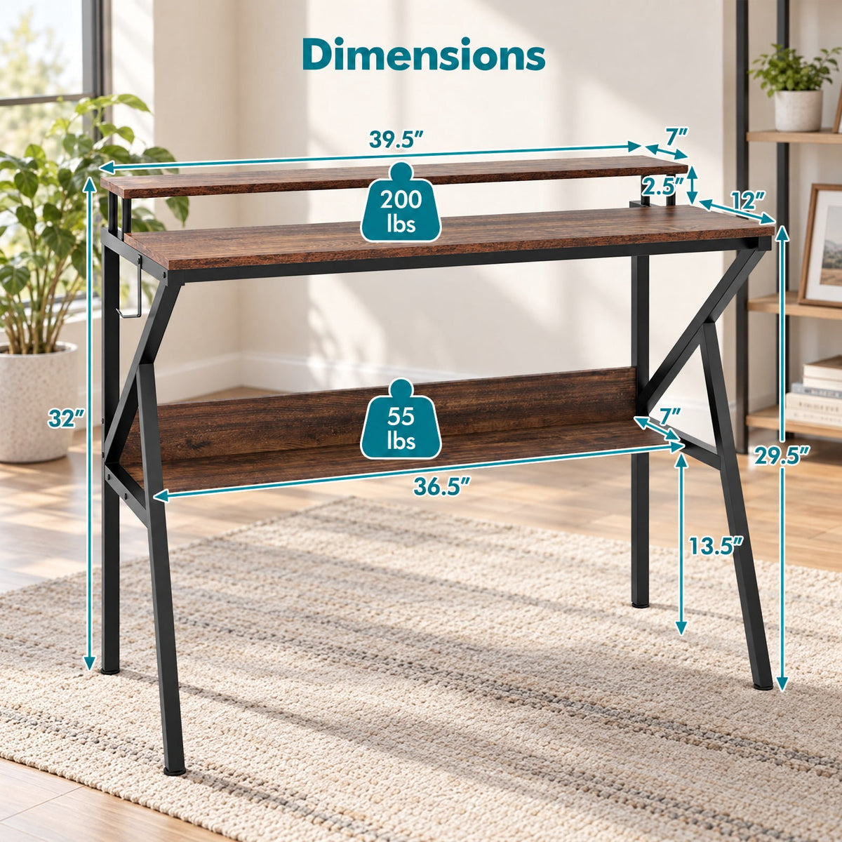 Airfind Space Saving Computer Desk with Monitor Stand and Extra Storage Shelf for Work Study, 200 lbs Capacity, Engineered Wood Metal Frame, Brown
