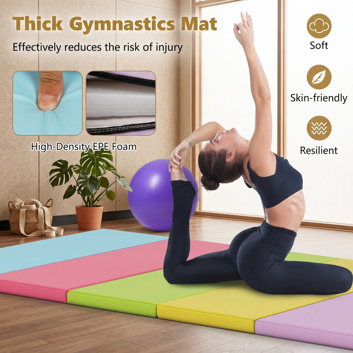 Airfind 5-Panel Folding Gymnastics Mat for Kids and Adults with Reinforced Handles for Home Tumbling and Yoga, Multicolor