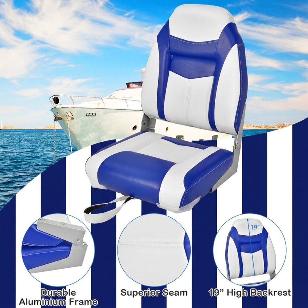 Airfind High Back Folding Boat Seat with Soft Padded Cushion and Waterproof Vinyl for Fishing and Pontoon Boats with Aluminum Hinges, Blue