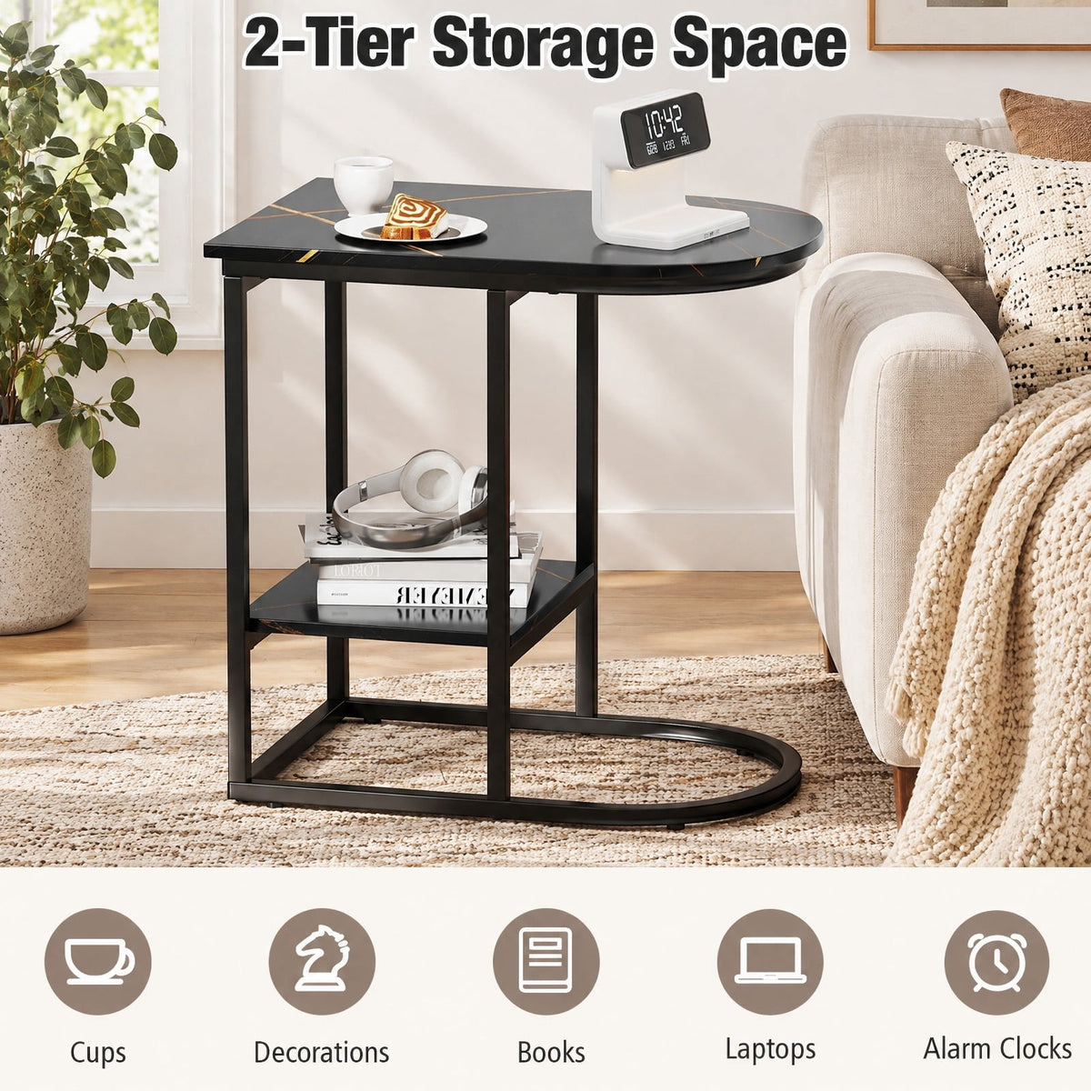 Airfind C-shaped Modern Sofa Side Table with Faux Marble Tabletop and Storage Shelf, 66 lbs Capacity, Engineered Wood Metal Frame, Black
