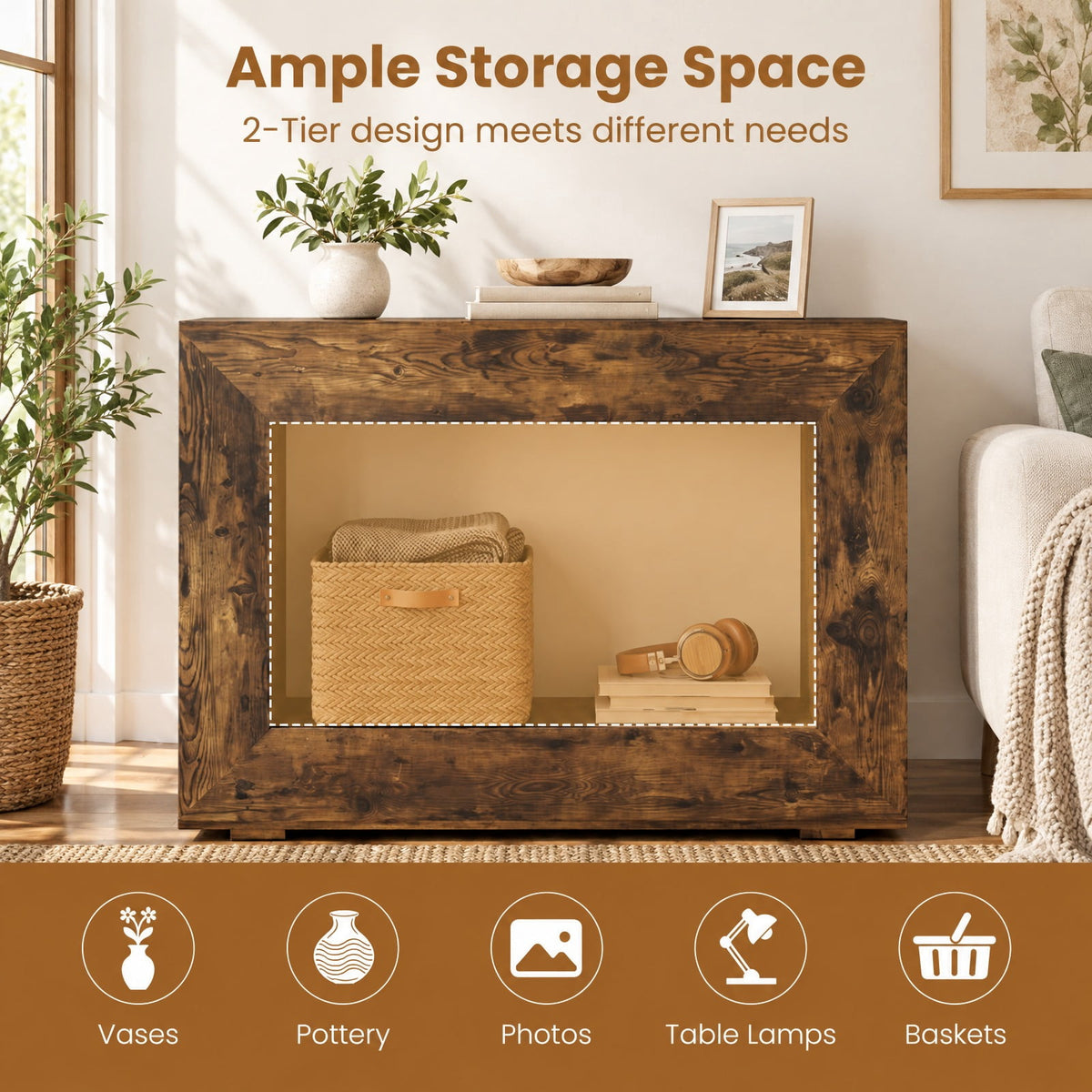 Airfind 47 Inch 2-Tier Farmhouse Console Table with Open Storage Shelf for Living Room, 47 Inch x 12 Inch x 33 Inch Middle Footprint, Brown