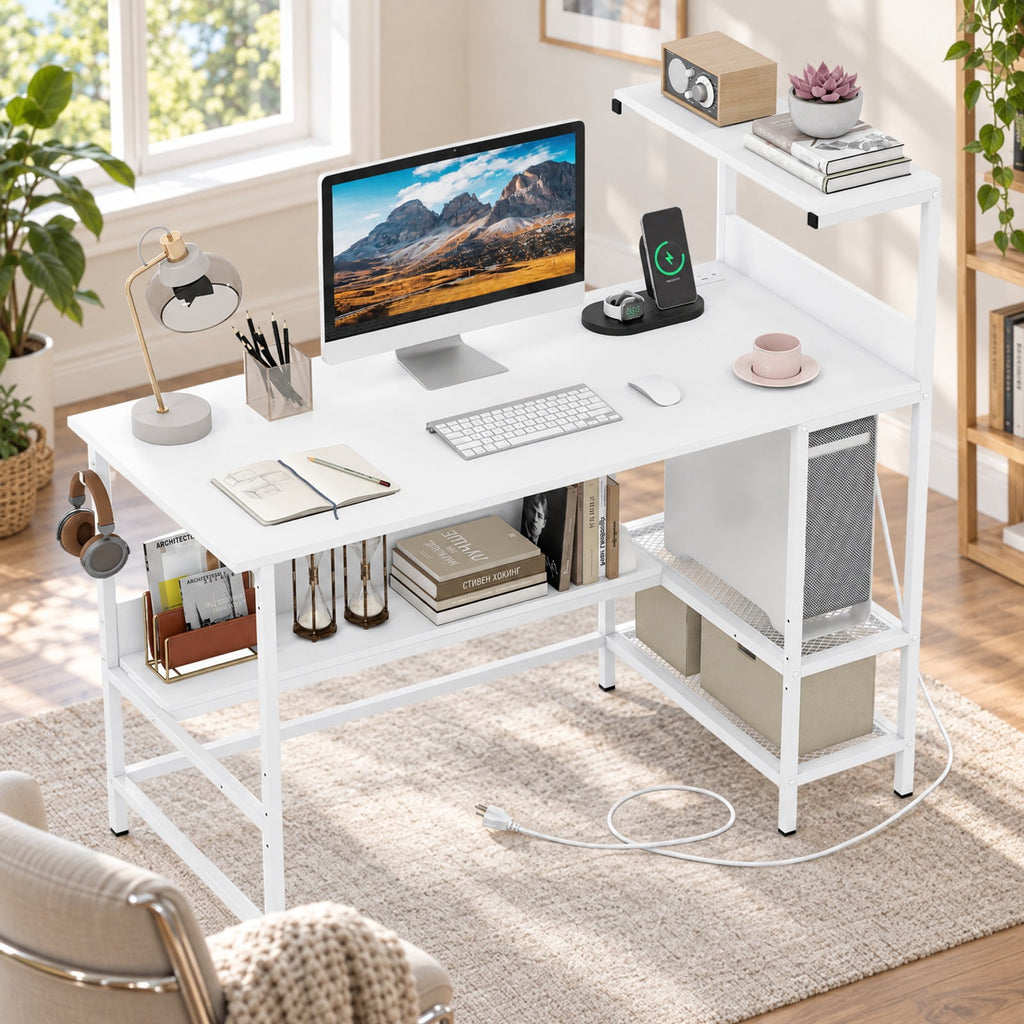 Airfind 48 Inch Computer Desk with Power Outlets and Storage Shelves, 88 lbs Capacity, Engineered Wood Metal Frame, 48 Inch x 23 Inch x 43.5 Inch Footprint