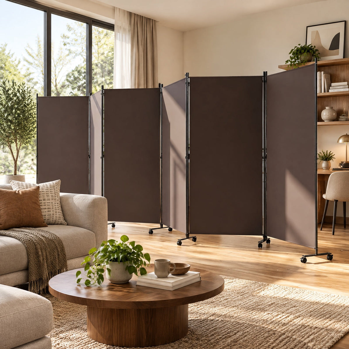 Airfind 6 Panel Folding Privacy Screen Room Divider with Wheels, Polyester Fabric Metal PP Frame, 205 x 12 x 71.5 Footprint, Coffee