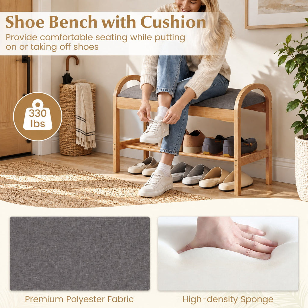 Airfind 2-Tier Bamboo Shoe Bench with Padded Cushion and Shelf, 330 lbs Capacity, Bamboo Polyester Fabric Sponge Frame, Gray