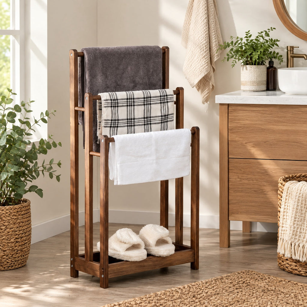 AIRFIND Towel Rack with Three Hanging Bars and Lower Storage Shelf, Freestanding Fir Wood Bathroom Organizer, 18 x 9 x 34 in, Rustic Brown