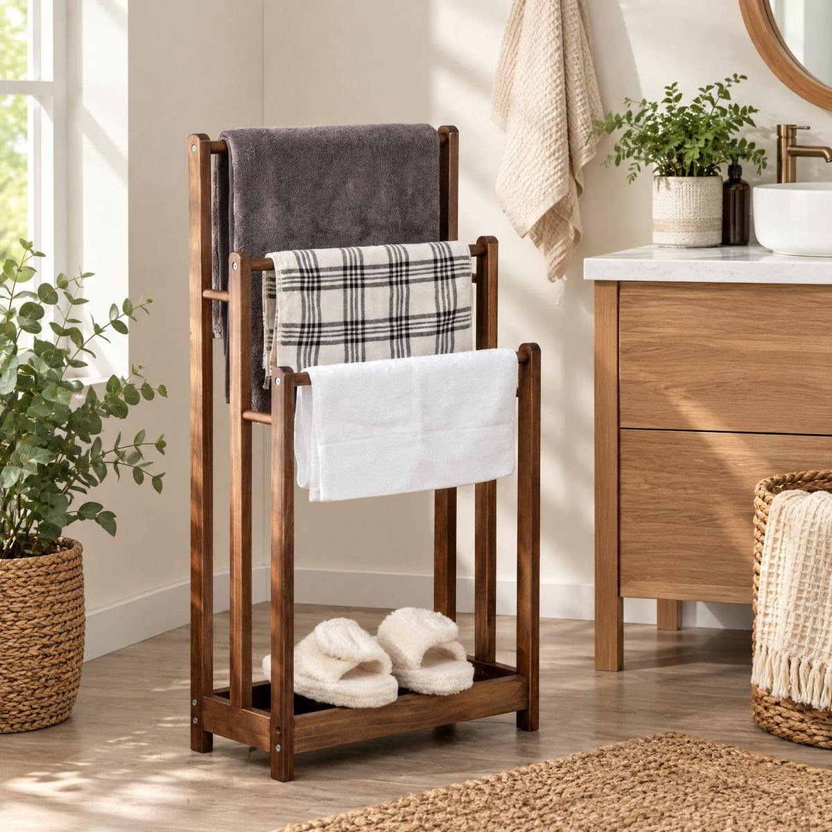 AIRFIND Towel Rack with Three Hanging Bars and Lower Storage Shelf, Freestanding Fir Wood Bathroom Organizer, 18 x 9 x 34 in, Rustic Brown