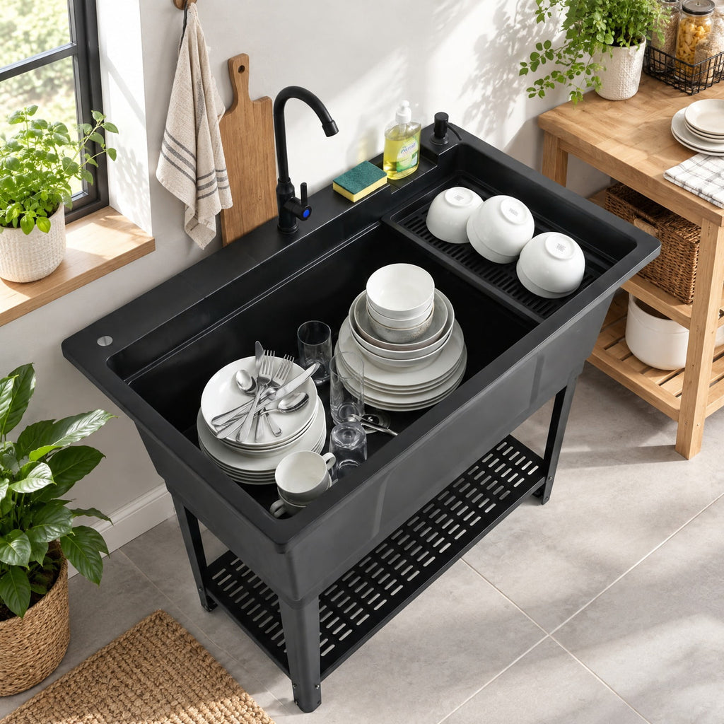 Airfind 100L Utility Sink Laundry Tub with Rotating Faucet and Storage Shelf, Sink 155 lbs Capacity, Metal ABS PP PE Stainless Steel Frame, Black
