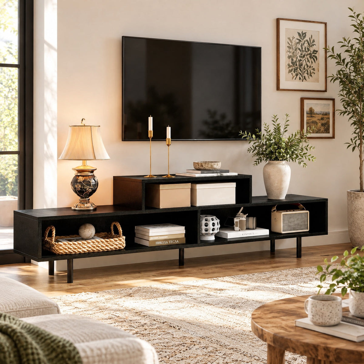 Airfind 3 Cubby TV Stand for TVs up to 70 Inch Entertainment Center with Open Storage Compartments, 155 lbs Capacity, 63 Inch x 12 Inch x 18 Inch Footprint