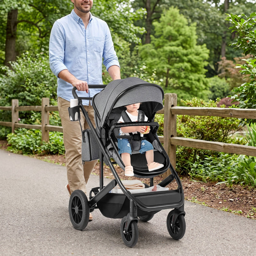 AIRFIND Baby Stroller with Reversible Seat, Bassinet Mode, Adjustable Handle and Canopy, Folding Aluminum Frame, Diaper Bag and Footmuff, Gray