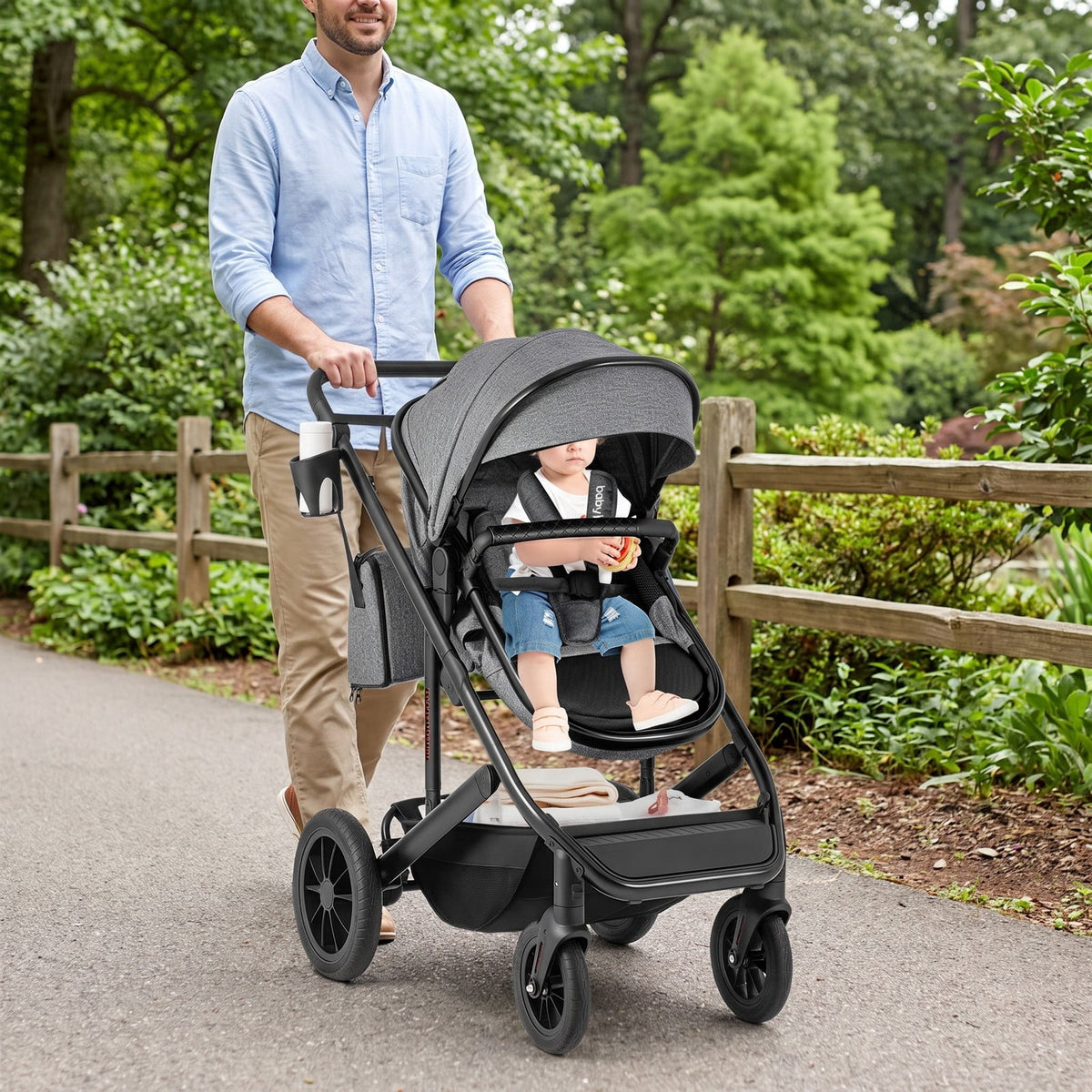 AIRFIND Baby Stroller with Reversible Seat, Bassinet Mode, Adjustable Handle and Canopy, Folding Aluminum Frame, Diaper Bag and Footmuff, Gray