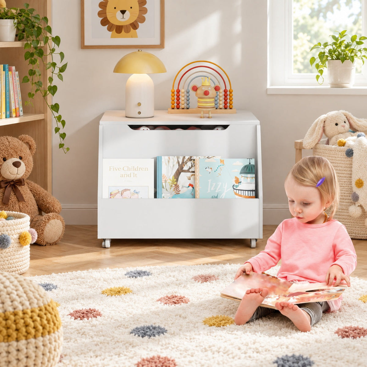 Airfind Wooden Mobile Toy Storage Organizer with Bookshelf and Lockable Wheels, 110 lbs Capacity, MDF PP Frame, 24in x 19in x 18in Footprint, White