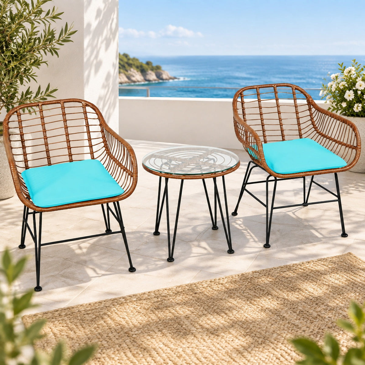 Airfind 3 Pieces Patio Rattan Bistro Set with Cushion, 170 lbs Capacity, Steel Rattan Sponge Polyester Frame, 22.5 Inch x 24 Inch x 31.5 Inch Footprint