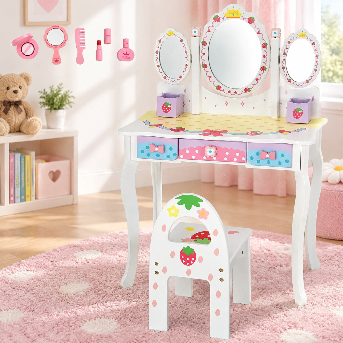 Airfind Kids Vanity Princess Makeup Dressing Table Chair Set with Tri-fold Mirror, 44 lbs Capacity, MDF Frame, White
