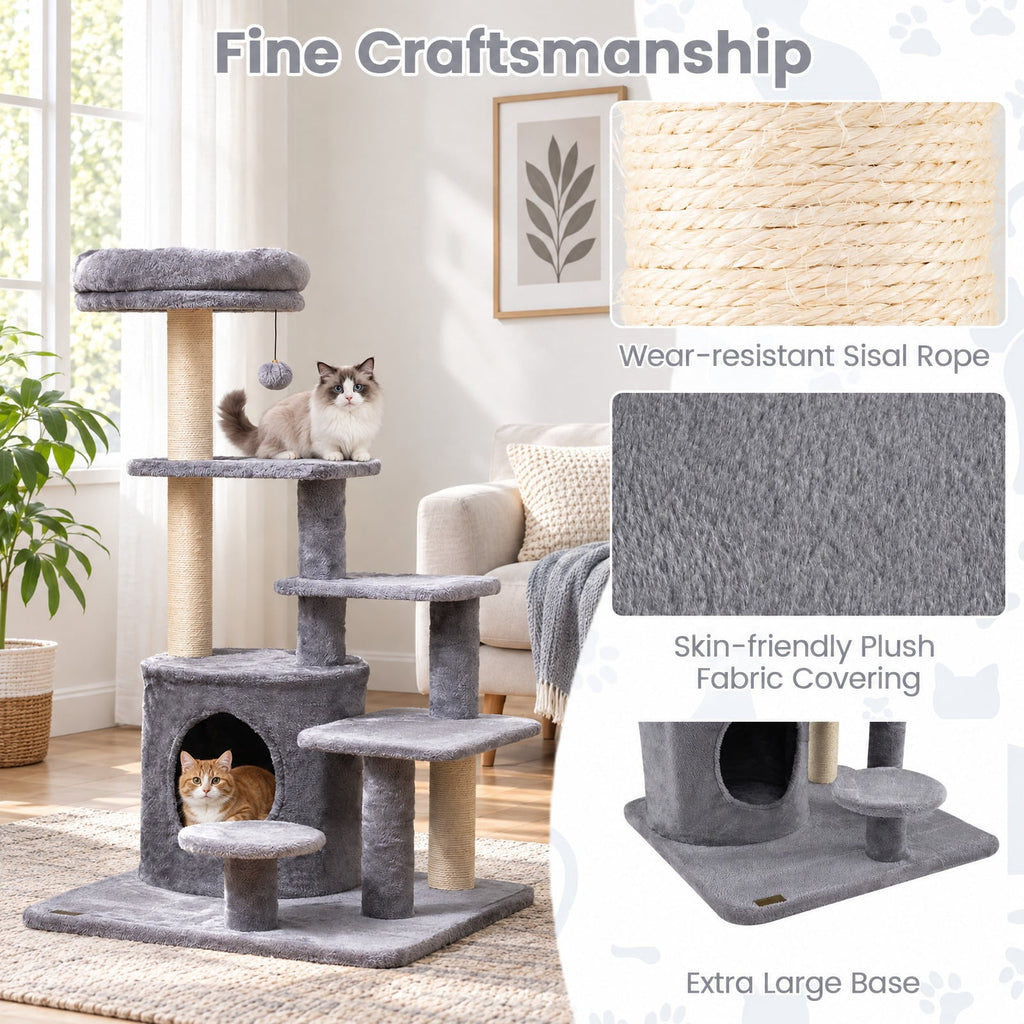 Airfind 40 Inch Multi-level Cat Tower with Condo and Dangling Jingle Ball, 33 lbs Capacity, Engineered Wood Sisal Plush Fabric Frame, Gray