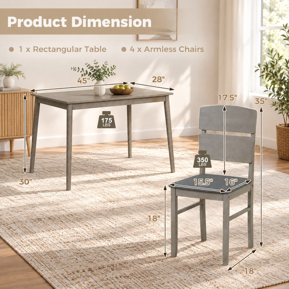 Airfind 5-Piece Dining Set featuring High Curved Backs for 4 People, 175 lbs Capacity, Rubber Wood MDF Plywood Polyester Fabric Sponge Frame, Gray