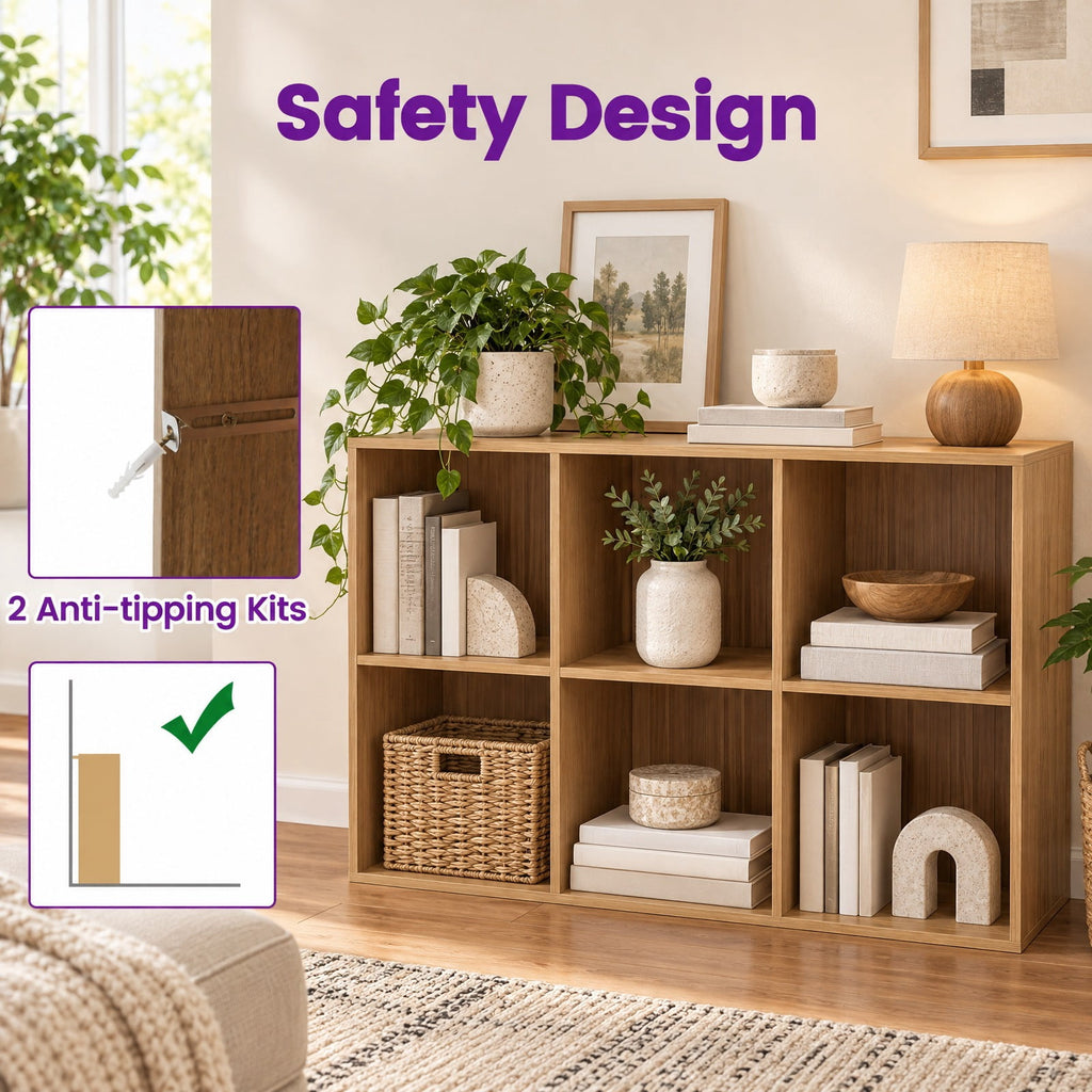 Airfind 6 Cube Bookshelf with Back Guardrail for Living Room Bedroom, 154 lbs Capacity, Engineered Wood Frame, 41 Inch x 13 Inch x 27.5 Inch Footprint, Natural