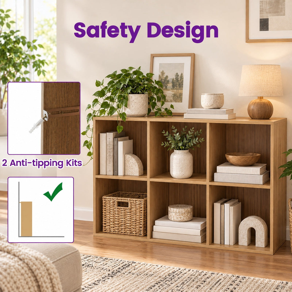 Airfind 6 Cube Bookshelf with Back Guardrail for Living Room Bedroom, 154 lbs Capacity, Engineered Wood Frame, 41 Inch x 13 Inch x 27.5 Inch Footprint, Natural