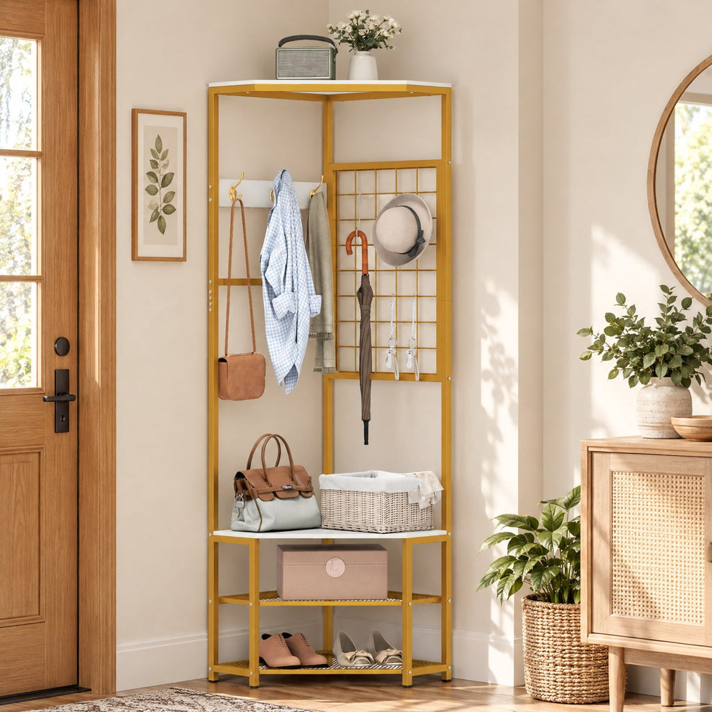 Airfind Corner Hall Tree Freestanding Coat Rack with Storage Shelves Removable Hooks, 220 lbs Capacity, Engineered Wood Metal Frame, White
