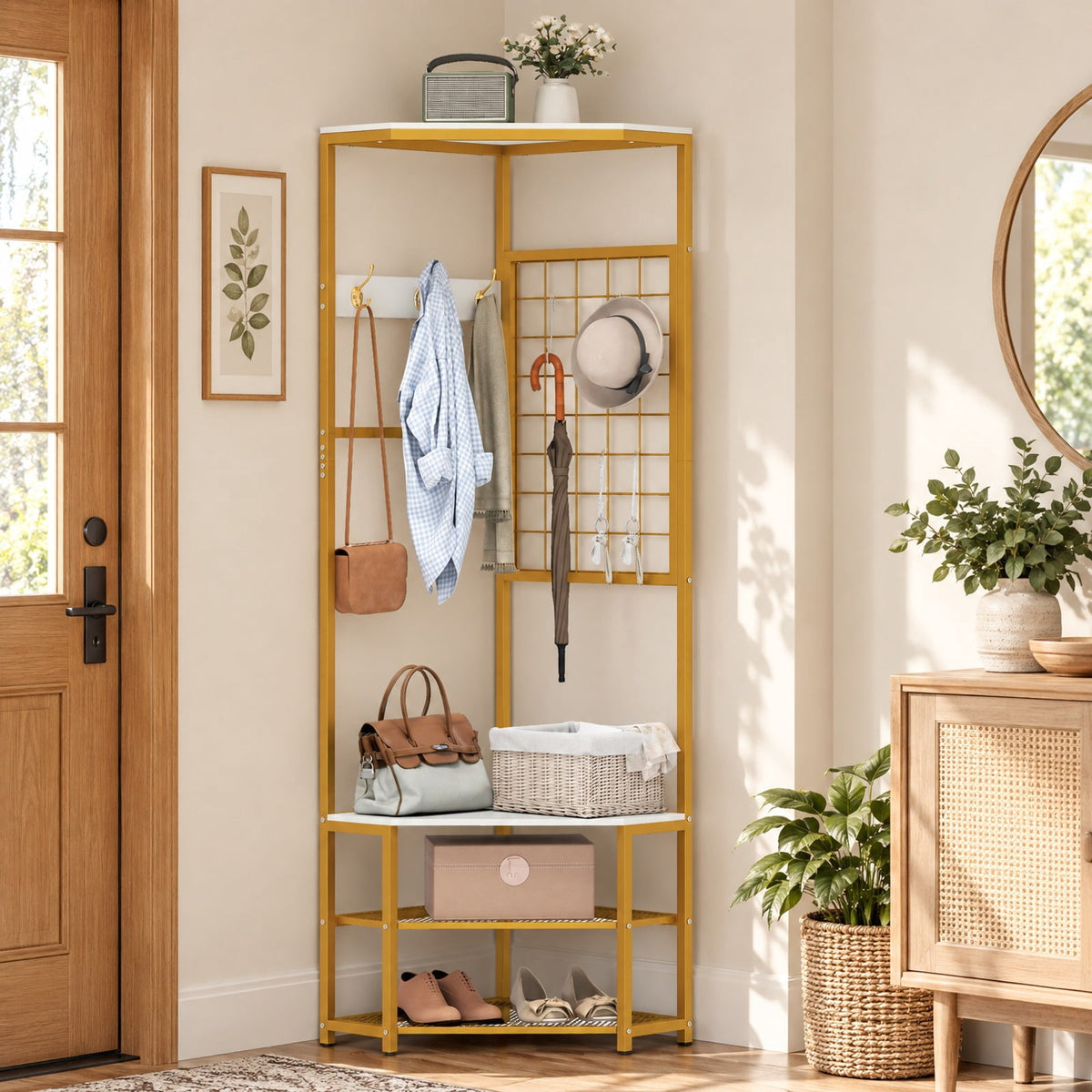 Airfind Corner Hall Tree Freestanding Coat Rack with Storage Shelves Removable Hooks, 220 lbs Capacity, Engineered Wood Metal Frame, White
