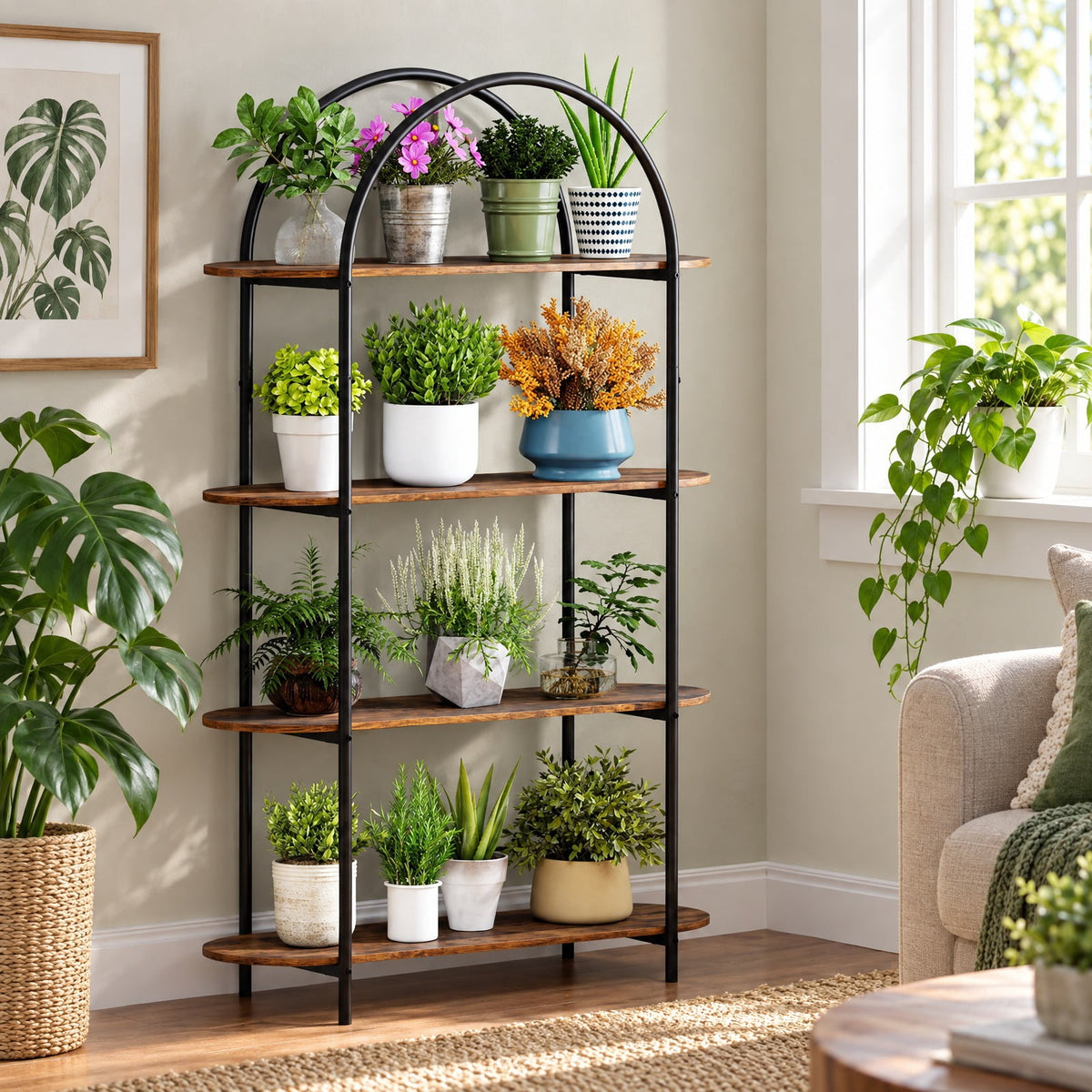 Airfind 4-Tier Open Bookcase with Sturdy Metal Frame for Living Room, 33 lbs Capacity, Metal Engineered Wood Frame, 37.5 x 13.5 x 61.5 Footprint