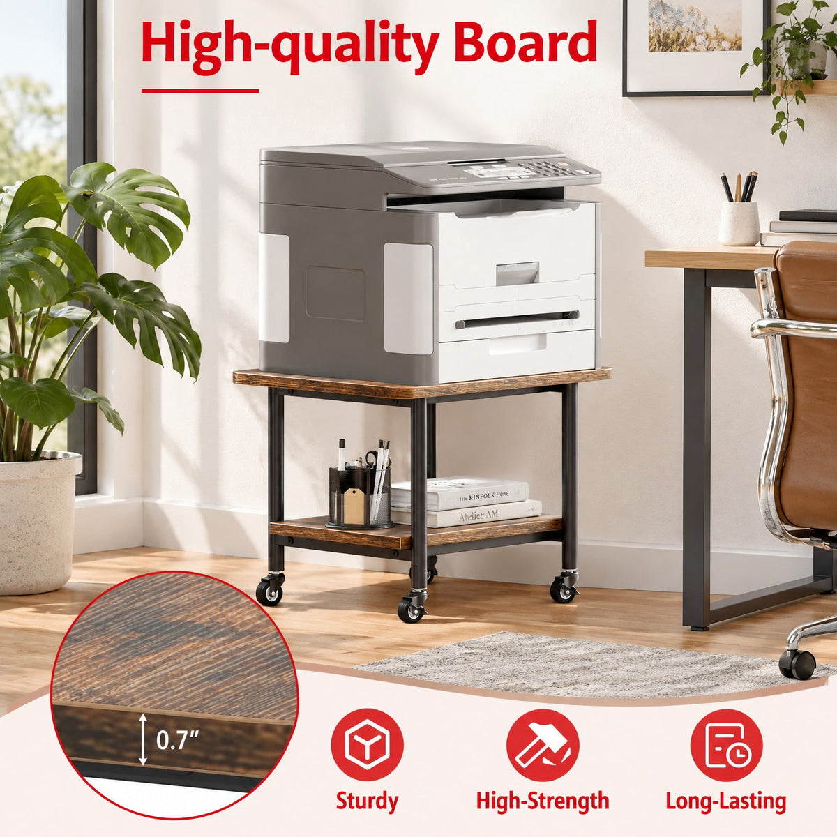 Airfind Under Desk Printer Stand with 360° Swivel Casters, 143 lbs Capacity, Engineered Wood Metal Frame, Brown