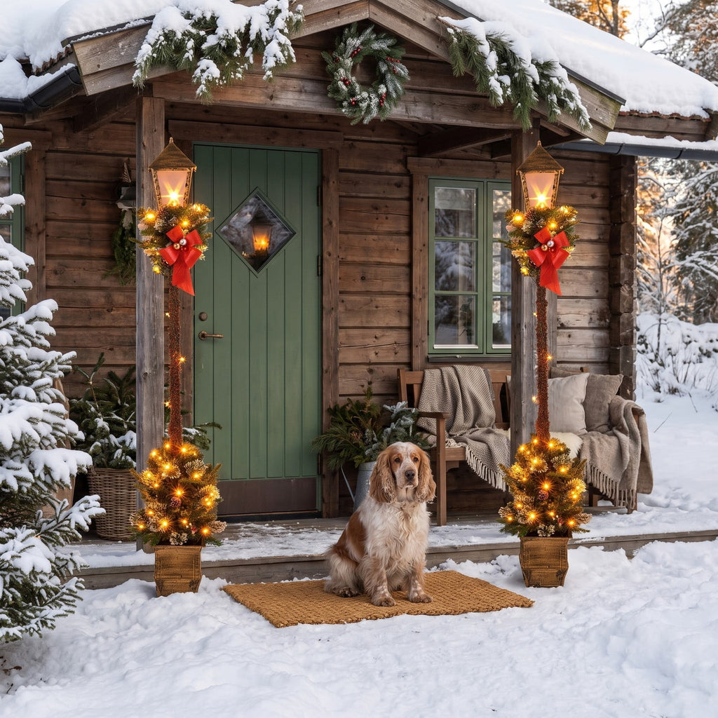 Airfind 6.1 Feet Christmas Pre-lit Street Lamp with Artificial Greenery and Snow-flocked Branch Tips, Metal Plastic Frame, 9in x 9in x 6.1ft Footprint