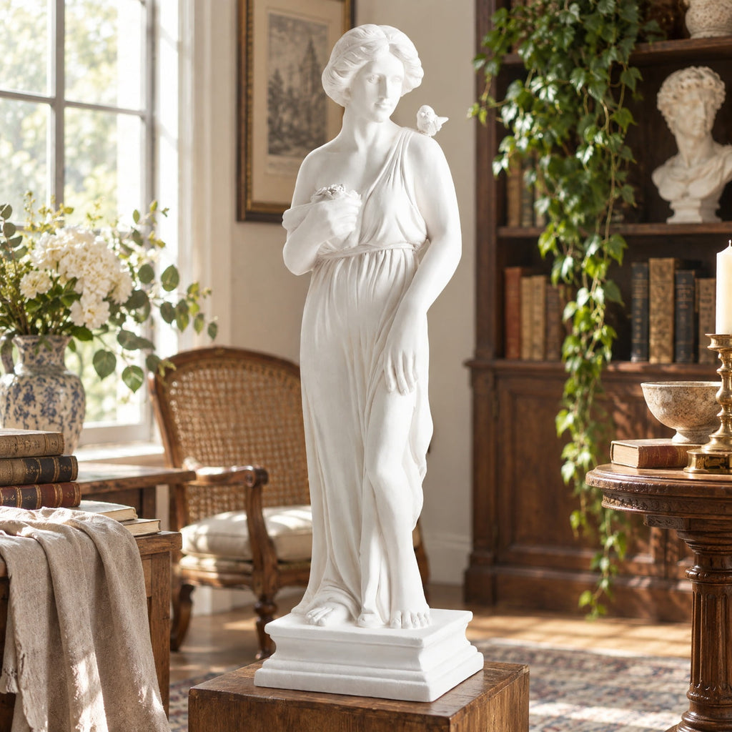 Airfind 31.5 Inch Outdoor Greek, Goddess Statue with Antique Finish and Column Base, Magnesium Oxide Fiber Filaments Frame, 9 Inch x 8 Inch x 31.5 Inch, White