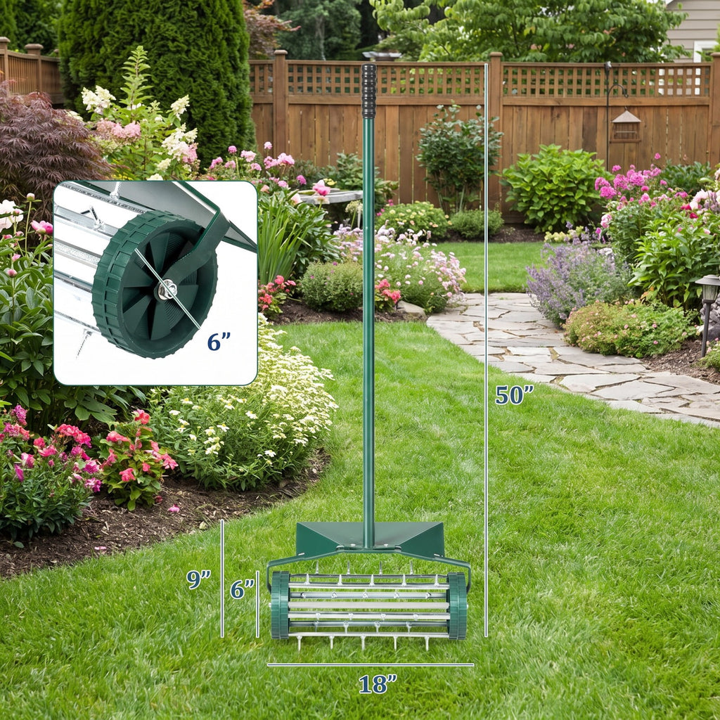 Airfind 18 Inch Rolling Lawn Aerator with Splash, Steel rubber pp Frame, 17 x 8 x 50 (L x W x H) Splash guard Footprint, Dark green and silver
