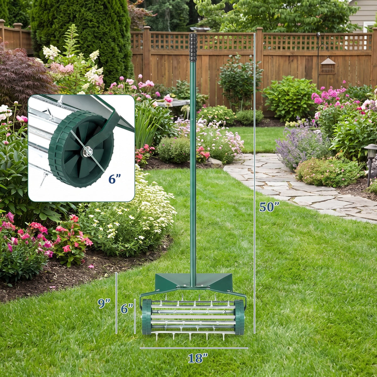 Airfind 18 Inch Rolling Lawn Aerator with Splash, Steel rubber pp Frame, 17 x 8 x 50 (L x W x H) Splash guard Footprint, Dark green and silver