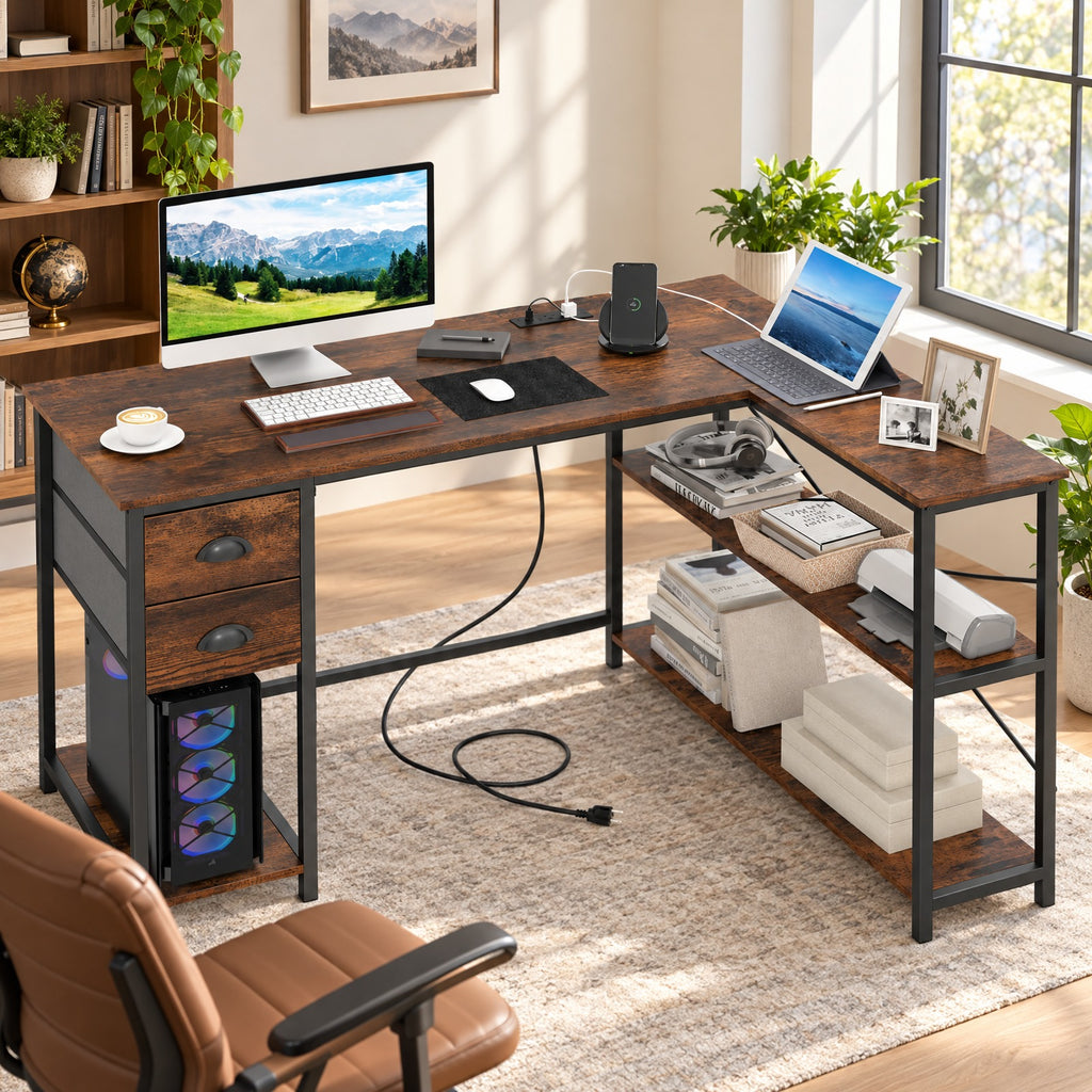 Airfind L Shaped Desk with Charging Station Corner Computer Desk with 2 Fabric Drawers, 110 lbs Capacity, Engineered Wood Metal Fabric Frame, Brown