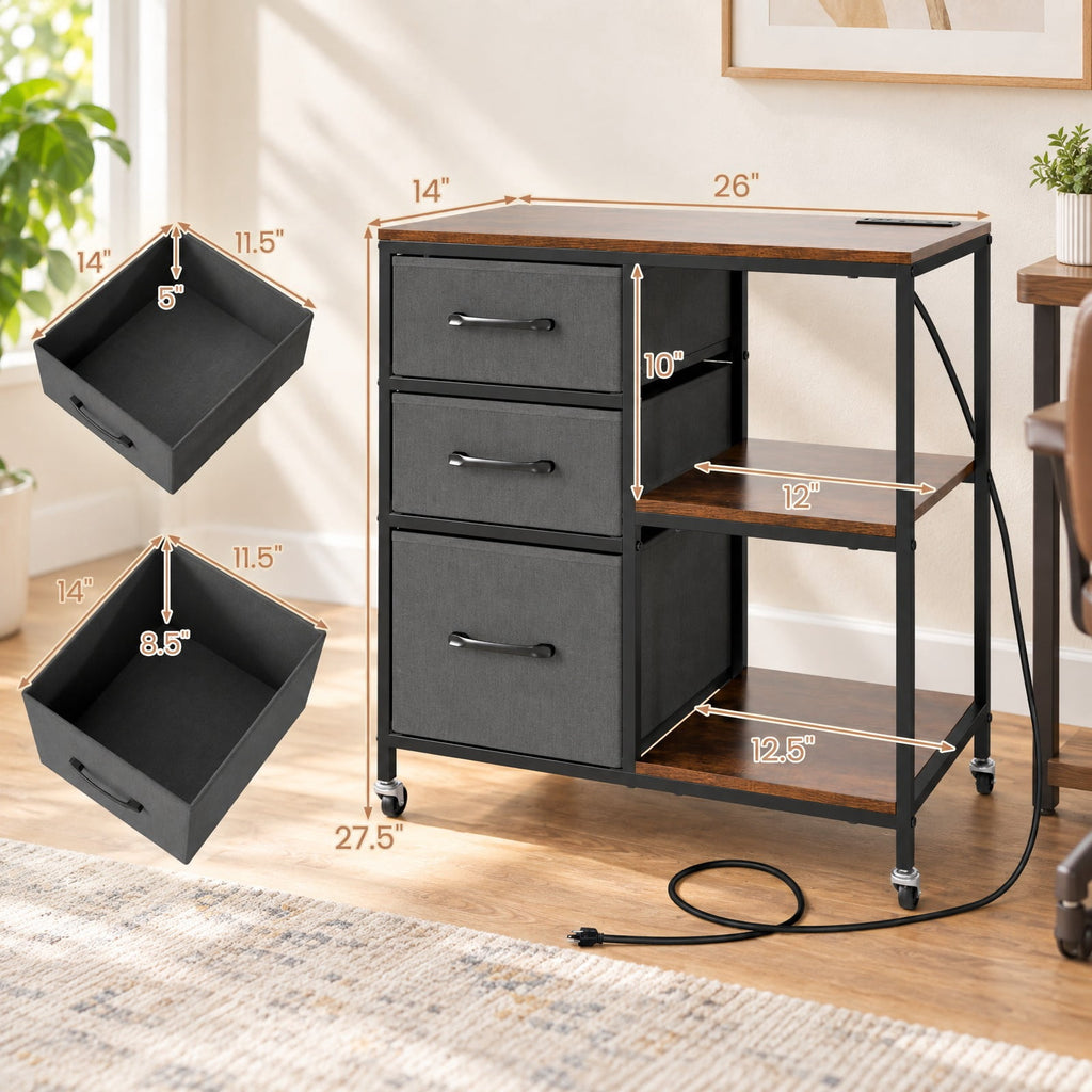Airfind 3 Drawer Mobile File Cabinet with Charging Station Rolling Printer Stand with Open Storage Shelves, 44 lbs Capacity, Brown