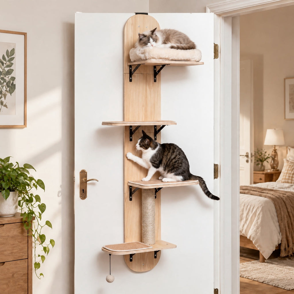 Airfind Door Hanging Cat Climber 4-level Height Adjustable with Plush Bed, 11 lbs Capacity, Solid Plywood Jute Rope Plush Fabric Frame, Beige