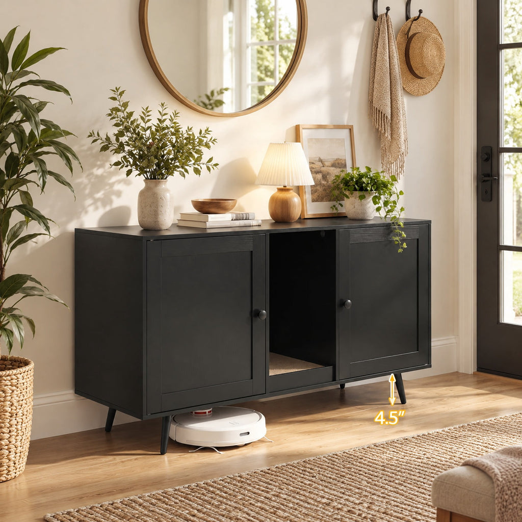 Airfind Double Cat Litter Box Enclosure for 2 Cats with Scratching Pad and Double Rooms, Engineered Wood Frame, Black