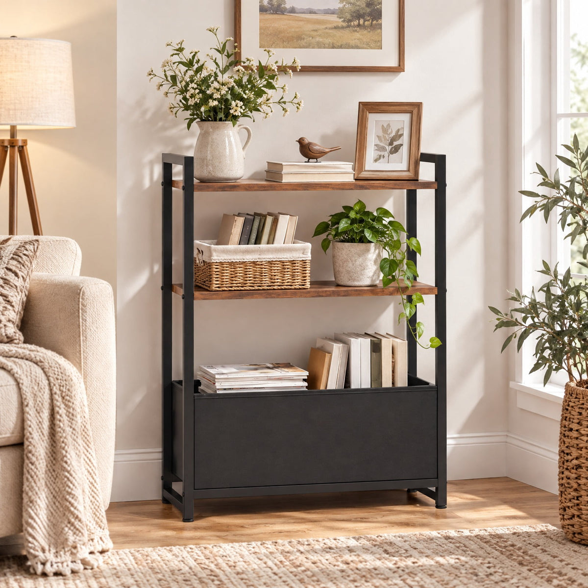 Airfind Narrow End Table with Storage Shelves and Metal Frame, 25 lbs Capacity, Engineered Wood Metal Fabric Frame, 19 x 8 x 25.5 Footprint