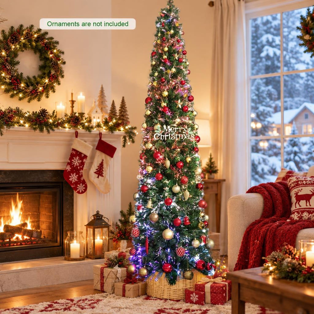 Airfind 5/6/7/8 FT Pre-Lit Christmas Pencil Tree with Colorful Fiber Optics Green-8 ft, PVC Metal Fiber Optics Frame, Green