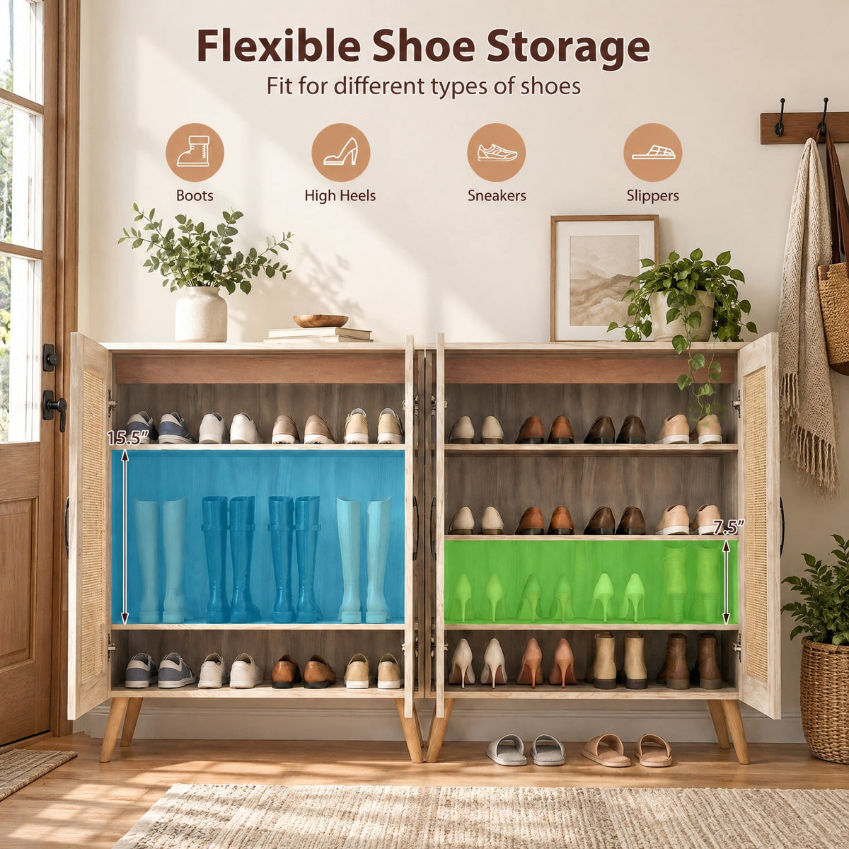 Airfind 5-Tier Rattan Shoe Cabinet with 3 Removable Shelves, 155 lbs Capacity, Engineered Wood Rattan Rubber Wood Frame, 29.5 x 14x 37 Footprint