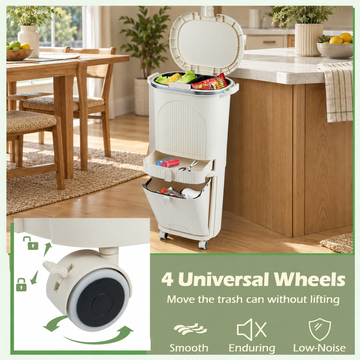 Airfind 11 Gallon 3-Layer Kitchen Trash Can with Lid and 2 Removable Buckets, PP Frame, 17in x 11.5in x 32.5in Overall Height (Open) 43in Footprint