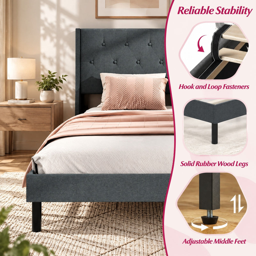 Airfind Queen Size Upholstered Bed Frame with Button Tufted Wingback Headboard and Wooden Slats Support Mattress Foundation, 800 lbs Capacity, Gray