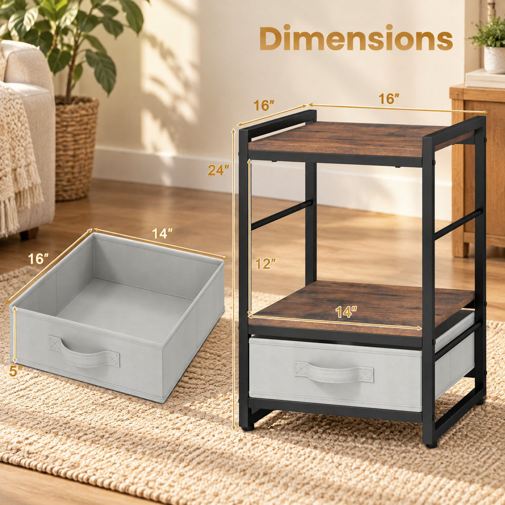 Airfind Nightstand Industrial Bedside Table with Open Storage Shelf and Fabric Drawer, 45 lbs Capacity, 16 x 16 x 24 Footprint, Brown