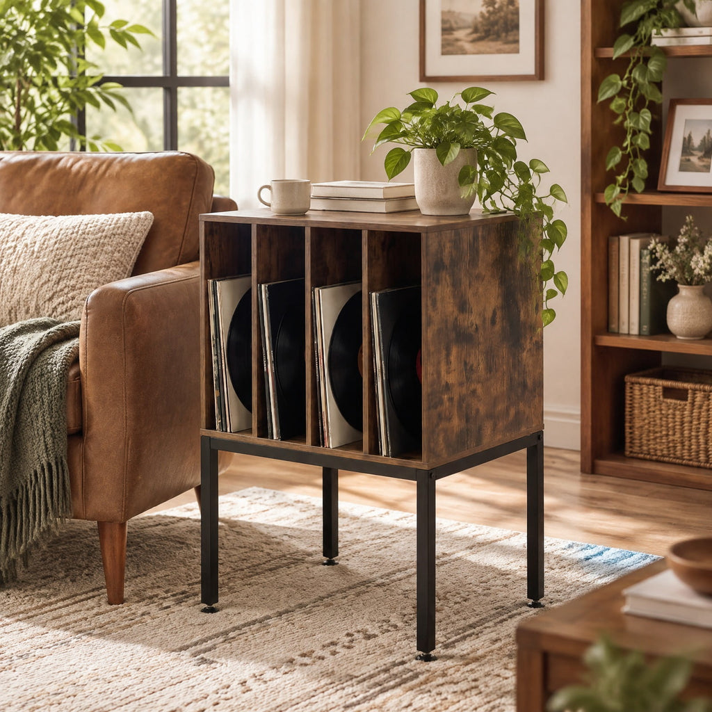 AIRFIND Record Player Stand with Power Outlets, USB and Type-C Ports, Divided Vinyl Storage and Metal Legs, 20 inch Turntable Table, Rustic Brown