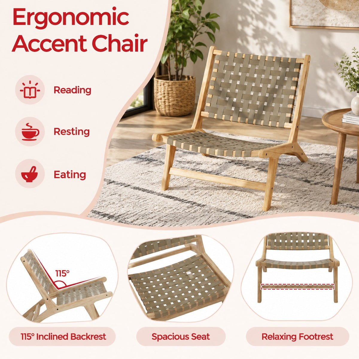 Airfind Modern Armless Teak Wood Lounge Chair with Nylon Woven Backrest and Seat, 240 lbs Capacity, Teak Wood Nylon Frame, Brown