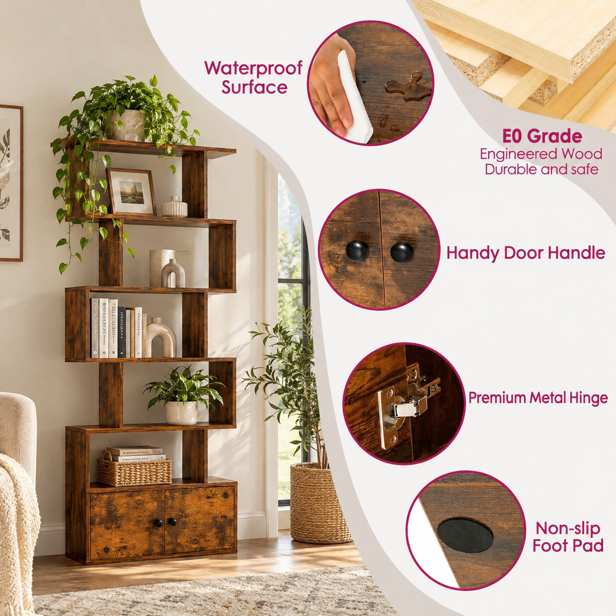 Airfind 6-Tier S-Shaped Freestanding Bookshelf with Cabinet and Doors, Engineered Wood with Engineered Wood and MDF Construction, Coffee