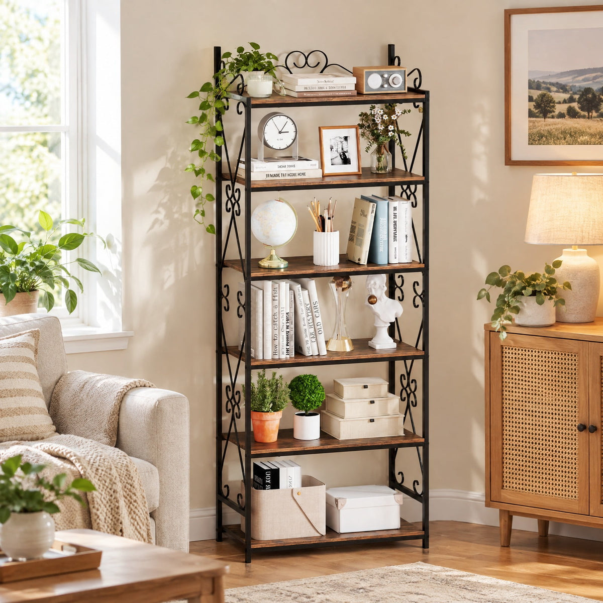 Airfind 6-Tier Bookshelf Industrial Bookcase with 2 Anti-Tipping Kits and Metal Frame, 44 lbs Capacity, Metal Engineered Wood Frame, Brown