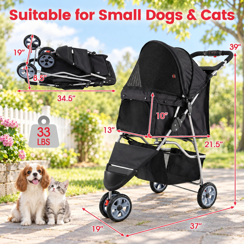Airfind 3 Wheel Pet Stroller for Small Dogs Cats up to 33 LBS, 33 lbs Capacity, 300D Oxford Cloth Metal Mesh Sponge PU PP Frame, Black